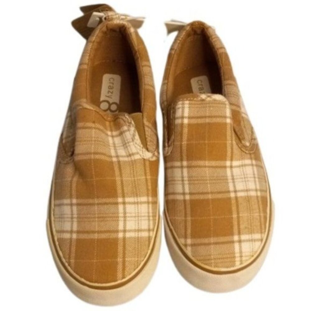 Crazy 8 Size 1 Kids Tan Plaid Slip On Sneakers Canvas Shoes Rubber Sole NEW
